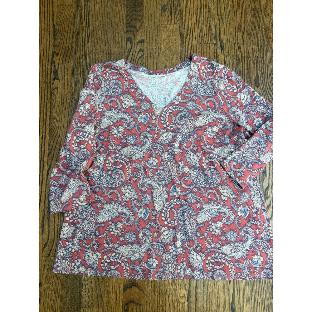 Pure Jill Paisley Top Women Size M Red Blue Boho V-Neck 3/4 Sleeve Grandmacore